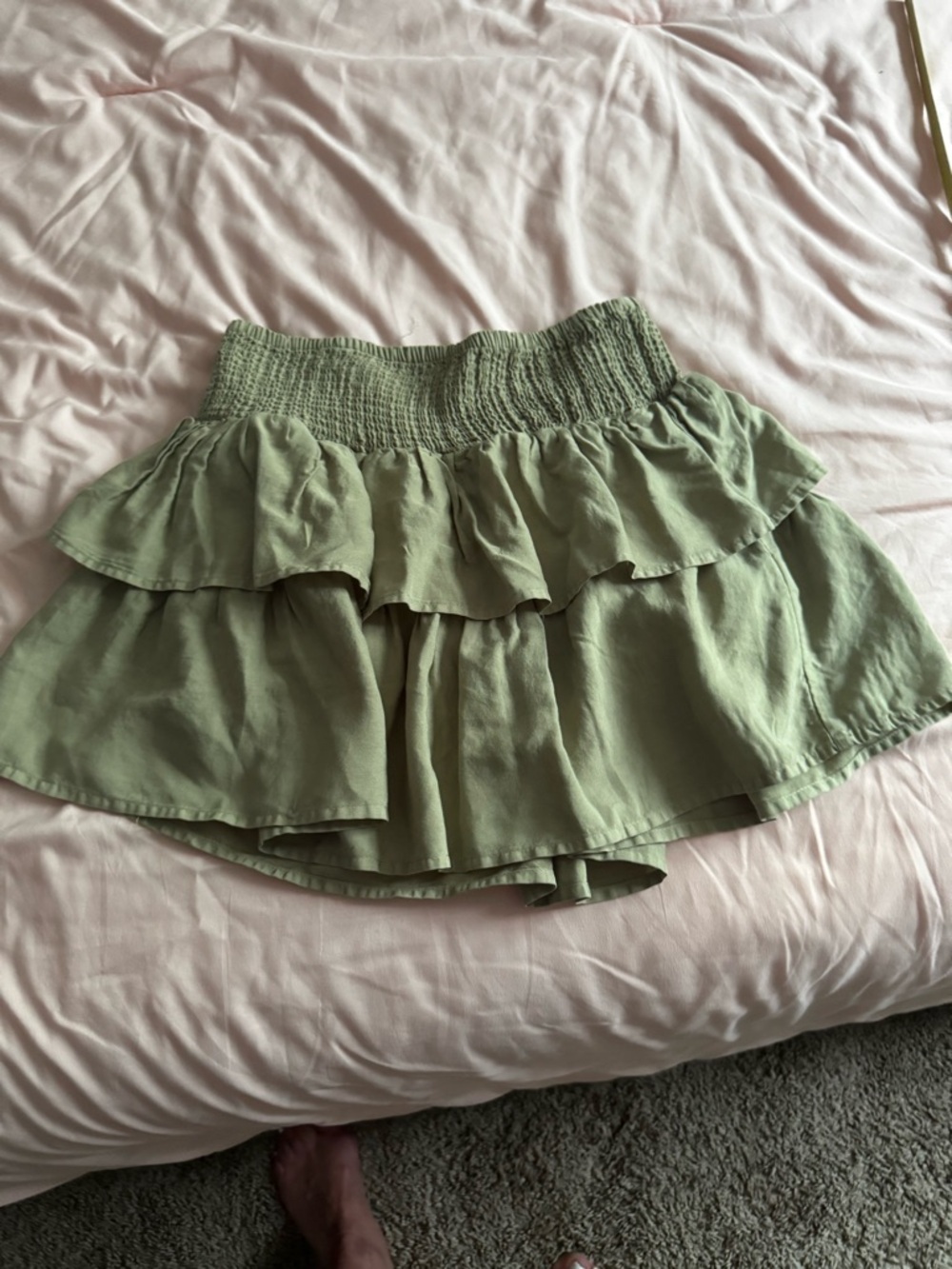 Smocked Waist Ruffle Mini Skirt - Sage Green